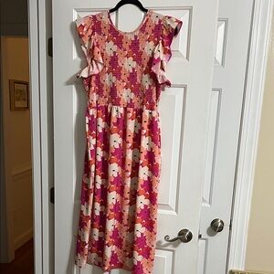 Michelle McDowell Floral Tie Back Ruffle Midi Dress with Pockets Size XL